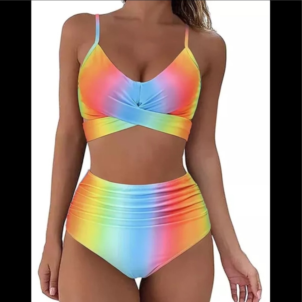 Summer sexy bikini print neon beach wear pool suim suit high waist tie multi col